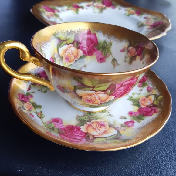 1940s Royal Chelsea Cake Plate, Teacup & Saucer, Golden Rose Bone China Vintage - Picture 1 of 14